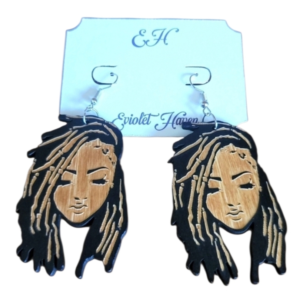 African Afro Natural Ethnic Lady Girl Locs Dangle Drop Wood Earrings